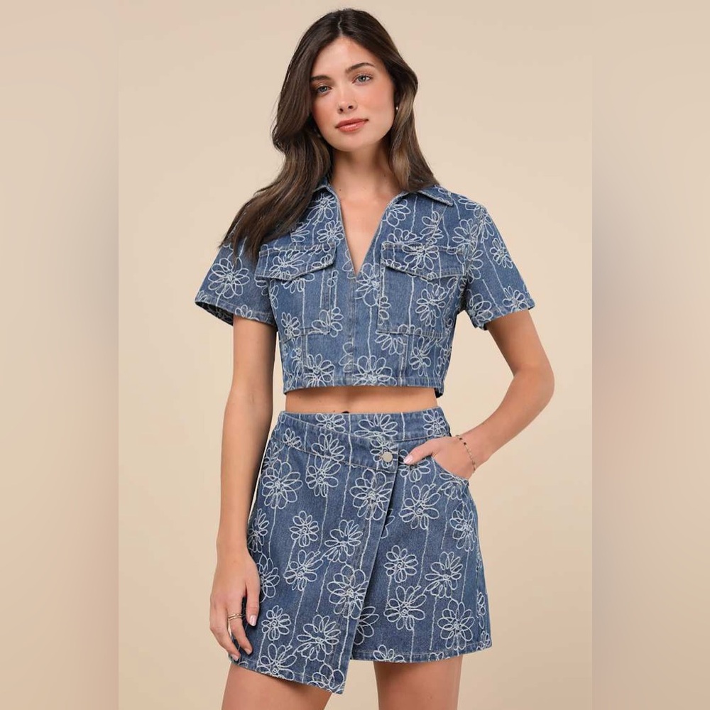 Lulus Nicest Aura Medium Wash Embroidered Denim‎ Two-Piece Dress, Size S, NWT